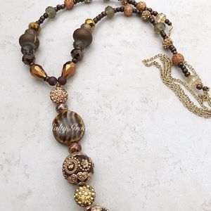 Beaded drop necklace brown, copper and crystals